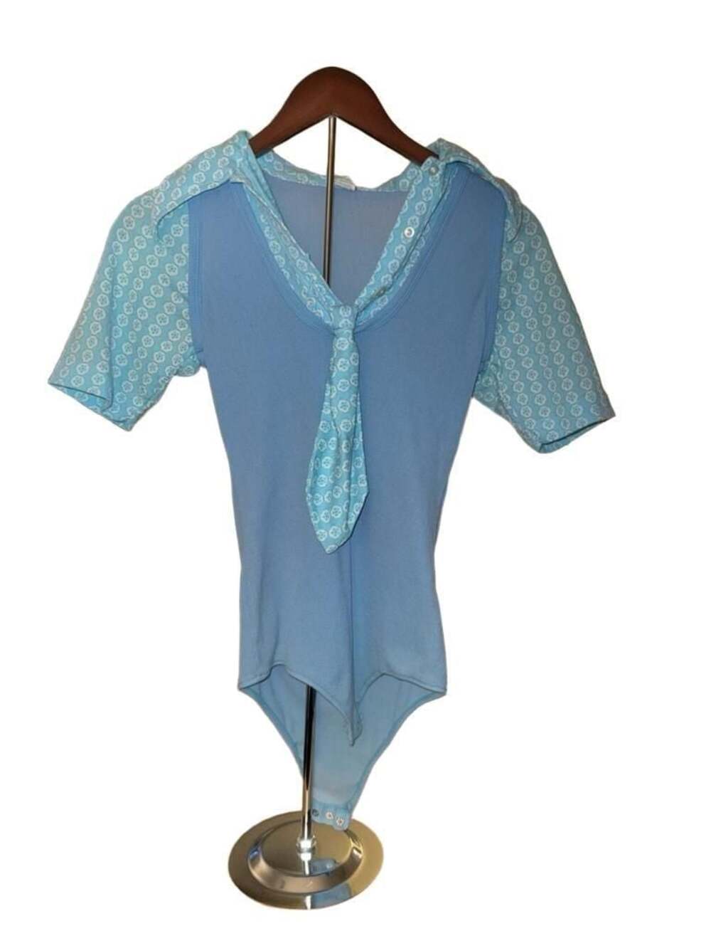 Vintage 1970s Blue Sailor Collar Bodysuit Floral Tie Neck Snap Crotch Retro Top